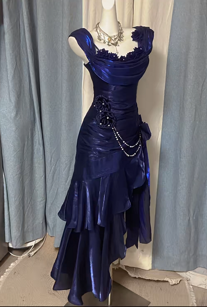 Chic Navy Blue Long Prom Dress Satin Straps Sheath Evening Dress Sleeveless Birthday Dress DP04996