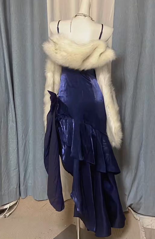 Chic Navy Blue Long Prom Dress Satin Straps Sheath Evening Dress Sleeveless Birthday Dress DP04996