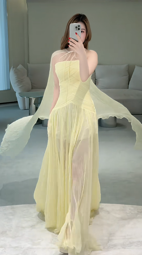 Fashion Yellow Long Prom Dress Chiffon Strapless Sheath Evening Dress Sleeveless Birthday Dress DP04997