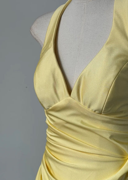 Elegant Yellow Wedding Guest Outfit Halter Satin Sheath Long Prom Dress Backless Evening Dress DP04999