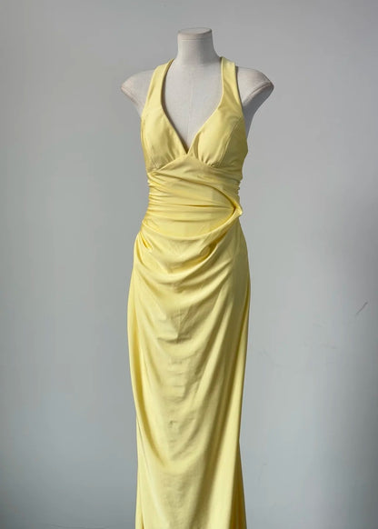 Elegant Yellow Wedding Guest Outfit Halter Satin Sheath Long Prom Dress Backless Evening Dress DP04999