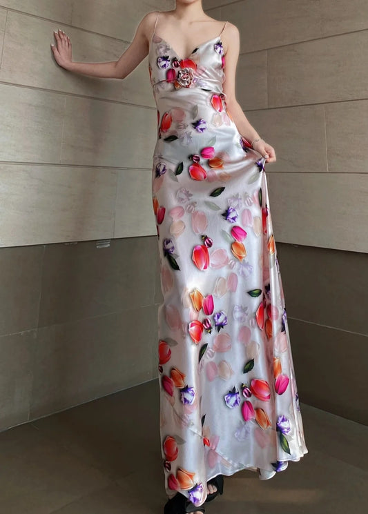 Elegant Floral Wedding Guest Outfit Spaghtti Straps Satin Sheath Long Prom Dress Backless Evening Dress DP05000