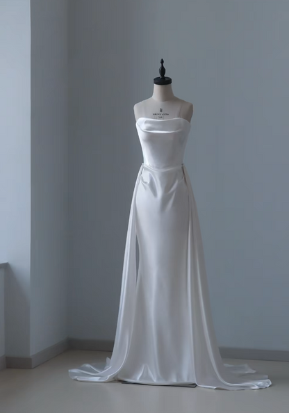Timeless Sheath Long Wedding Dress Satin Strapless White Bridal Gown Sleeveless Bridal Dress DP05010