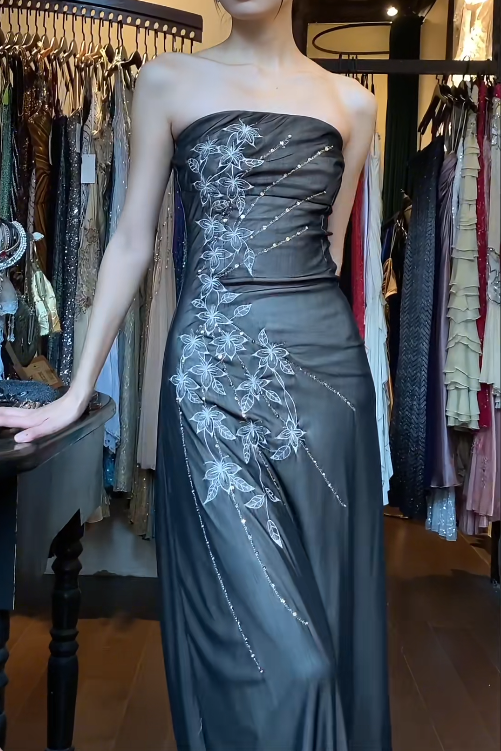 Chic Long Black Prom Dress Strapless Sheath Evening Dress Chiffon Beaded Formal Dress DP05011