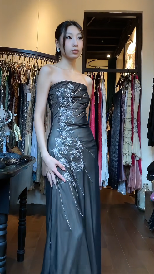 Chic Long Black Prom Dress Strapless Sheath Evening Dress Chiffon Beaded Formal Dress DP05011