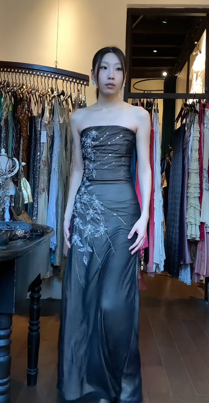 Chic Long Black Prom Dress Strapless Sheath Evening Dress Chiffon Beaded Formal Dress DP05011