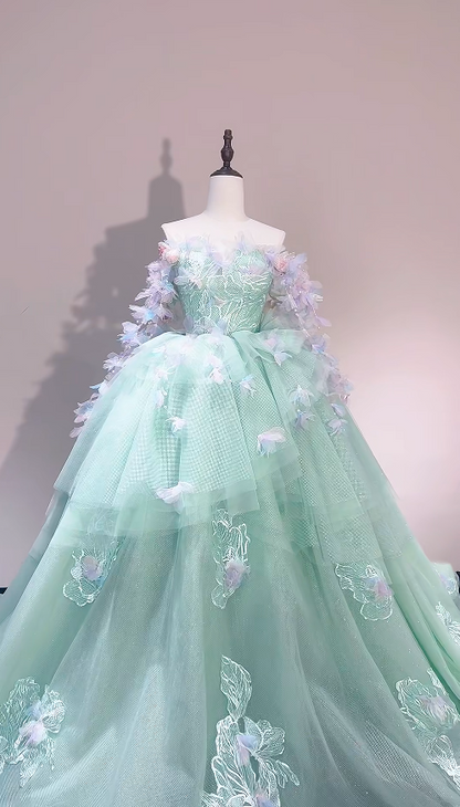 Cute Green Long Prom Dress Tulle  A-Line Evening Dress Sleeveless Birthday Dress DP05016