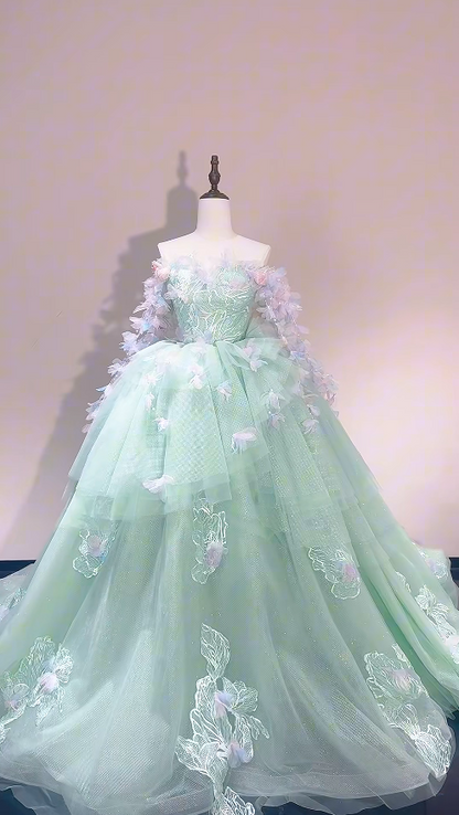 Cute Green Long Prom Dress Tulle  A-Line Evening Dress Sleeveless Birthday Dress DP05016