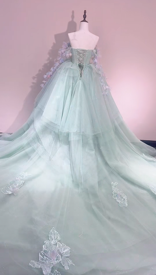 Cute Green Long Prom Dress Tulle  A-Line Evening Dress Sleeveless Birthday Dress DP05016