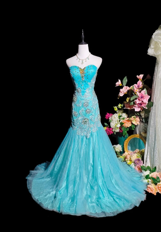 Cute Blue Long Prom Dress Tulle Appliques Mermaid Evening Dress Sleeveless Birthday Dress DP05019