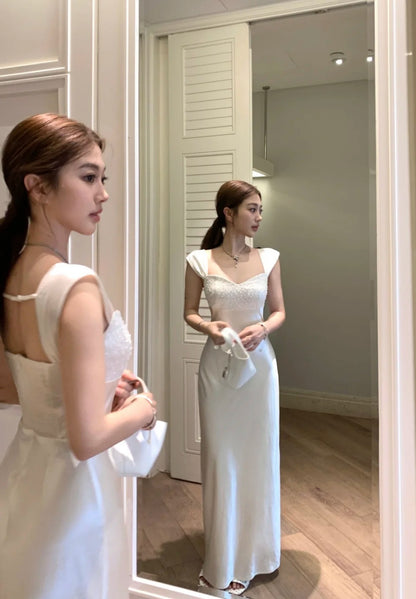 Sexy White Long Prom Dress Satin Sheath Evening Dress Sleeveless Birthday Dress DP05023