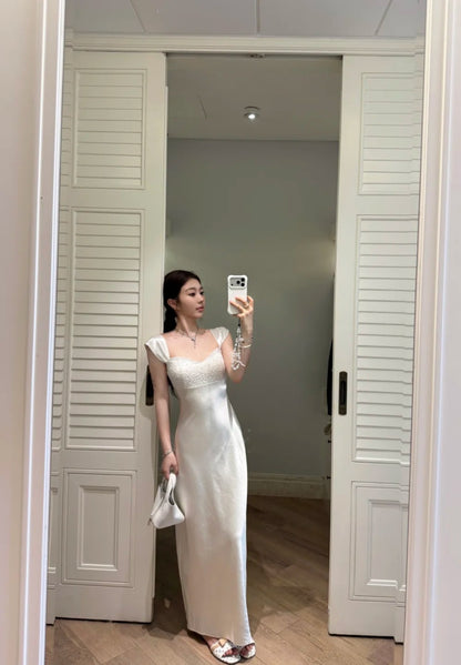 Sexy White Long Prom Dress Satin Sheath Evening Dress Sleeveless Birthday Dress DP05023