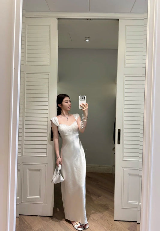 Sexy White Long Prom Dress Satin Sheath Evening Dress Sleeveless Birthday Dress DP05023