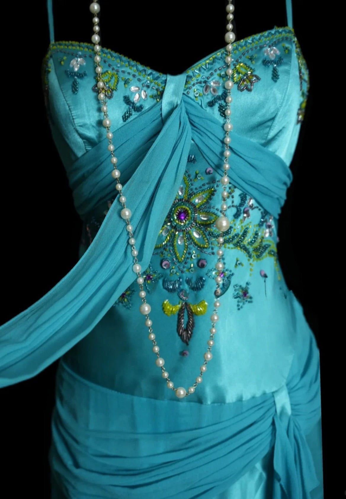 Elegant Turquoise  Prom Dress Satin Beaded Spaghetti Straps Long Evening Dress DP05030