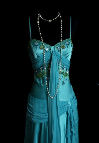 Elegant Turquoise  Prom Dress Satin Beaded Spaghetti Straps Long Evening Dress DP05030