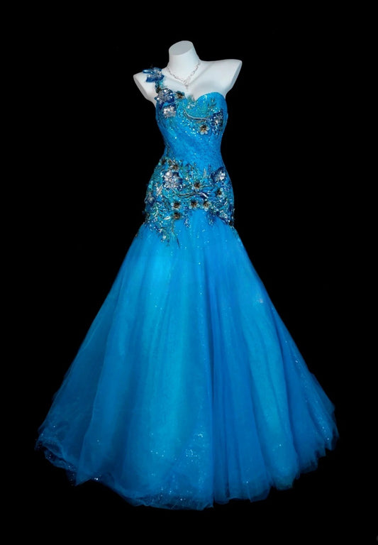 Sweet  Blue Prom Dress Strapless Tulle Sequins Appliques Mermaid  Long Evening Dress DP05035