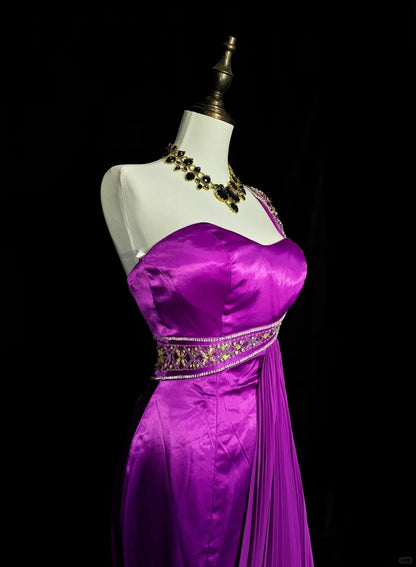 Chic Purple Prom Dress One-shoulder Sheath Evening Dress Satin Sleeveless Party Dress DP05036