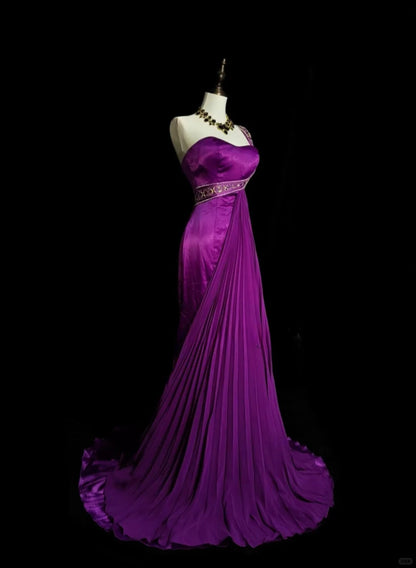 Chic Purple Prom Dress One-shoulder Sheath Evening Dress Satin Sleeveless Party Dress DP05036