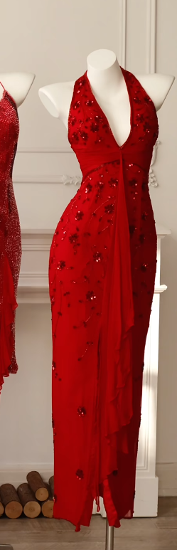 Chic Red Prom Dress V-neck Sheath Evening Dress Chiffon Beaded Sleeveless Party Dress DP05038