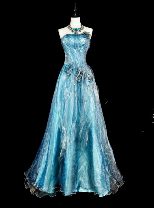 Chic Blue Prom Dress Strapless A-Line Long Evening Dress Tulle Appliques Sleeveless Party Dress DP05041