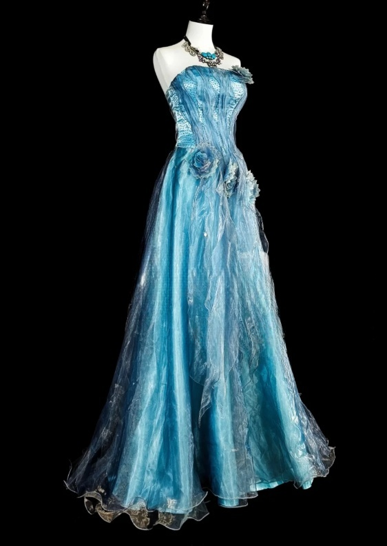 Chic Blue Prom Dress Strapless A-Line Long Evening Dress Tulle Appliques Sleeveless Party Dress DP05041