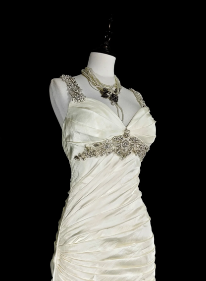 Chic White Prom Dress Straps Sheath Long Evening Dress Satin Sleeveless Formal Dress DP05042