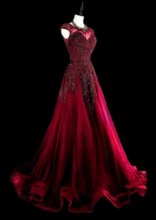 Chic Red Prom Dress Jewel A-Line Long Evening Dress Chiffon Appliques Sleeveless Formal Dress DP05043