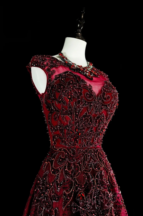 Chic Red Prom Dress Jewel A-Line Long Evening Dress Chiffon Appliques Sleeveless Formal Dress DP05043