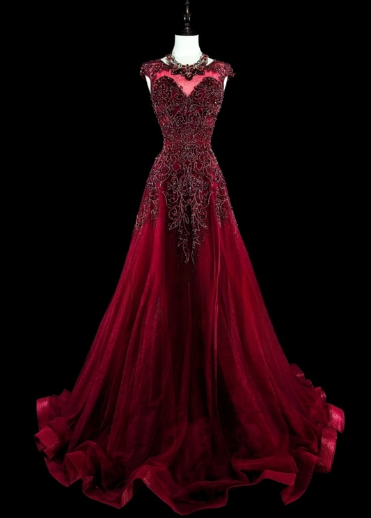 Chic Red Prom Dress Jewel A-Line Long Evening Dress Chiffon Appliques Sleeveless Formal Dress DP05043