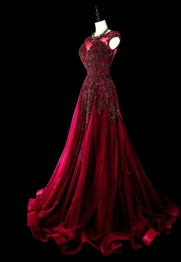 Chic Red Prom Dress Jewel A-Line Long Evening Dress Chiffon Appliques Sleeveless Formal Dress DP05043