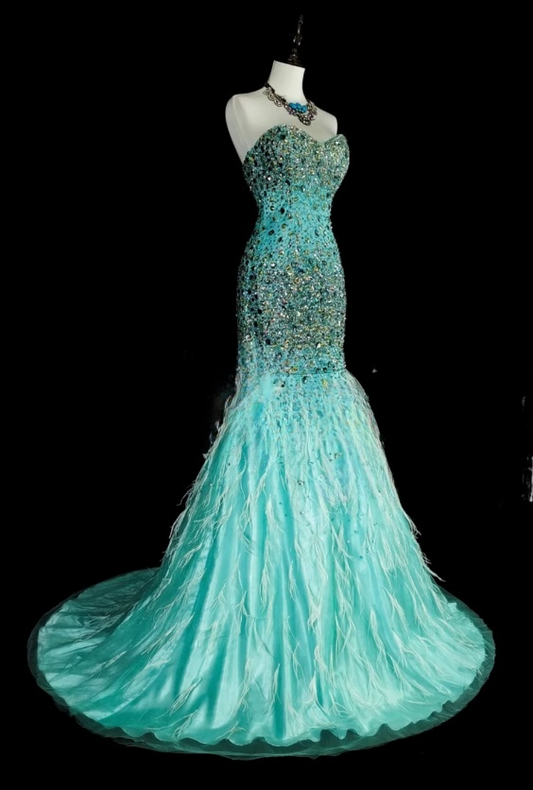 Chic Blue Prom Dress Sweetheart Sheath Long Evening Dress Tulle Beaded Sleeveless Formal Dress DP05044