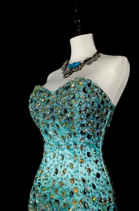 Chic Blue Prom Dress Sweetheart Sheath Long Evening Dress Tulle Beaded Sleeveless Formal Dress DP05044