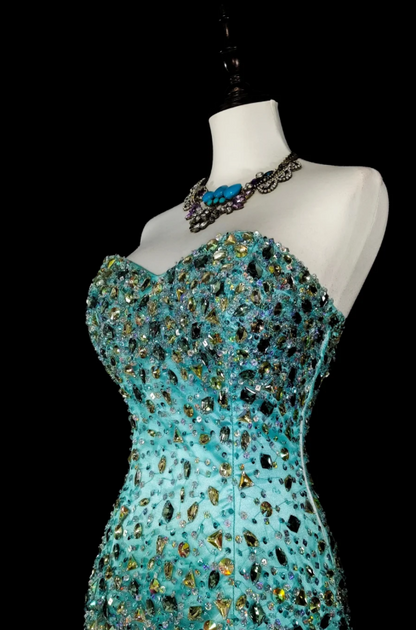 Chic Blue Prom Dress Sweetheart Sheath Long Evening Dress Tulle Beaded Sleeveless Formal Dress DP05044