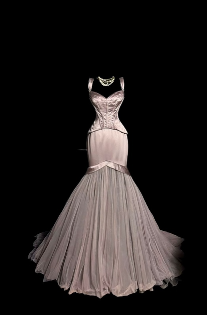 Chic Pink Prom Dress Sweetheart Mermaid Long Evening Dress Satin Sleeveless Formal Dress DP05045