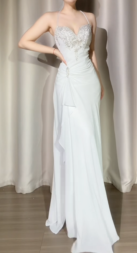 Chic White Prom Dress Halter Sheath Beaded Long Evening Dress Chiffon Backless Formal Dress DP05046