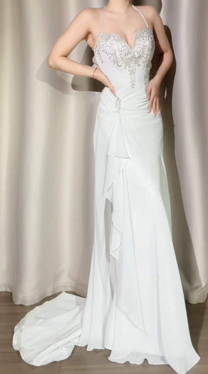 Chic White Prom Dress Halter Sheath Beaded Long Evening Dress Chiffon Backless Formal Dress DP05046