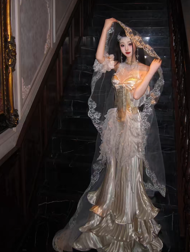 Gorgeous Gold Prom Dress Off-shoulder Mermaid Long Evening Dress Metallic Satin Formal Dress DP05047