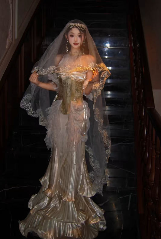 Gorgeous Gold Prom Dress Off-shoulder Mermaid Long Evening Dress Metallic Satin Formal Dress DP05047