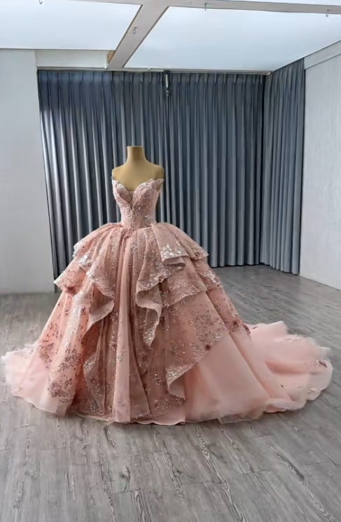 Gorgeous Pink Prom Dress Sweetheart A-Line Long Evening Dress Appliques Tulle Formal Dress DP05048