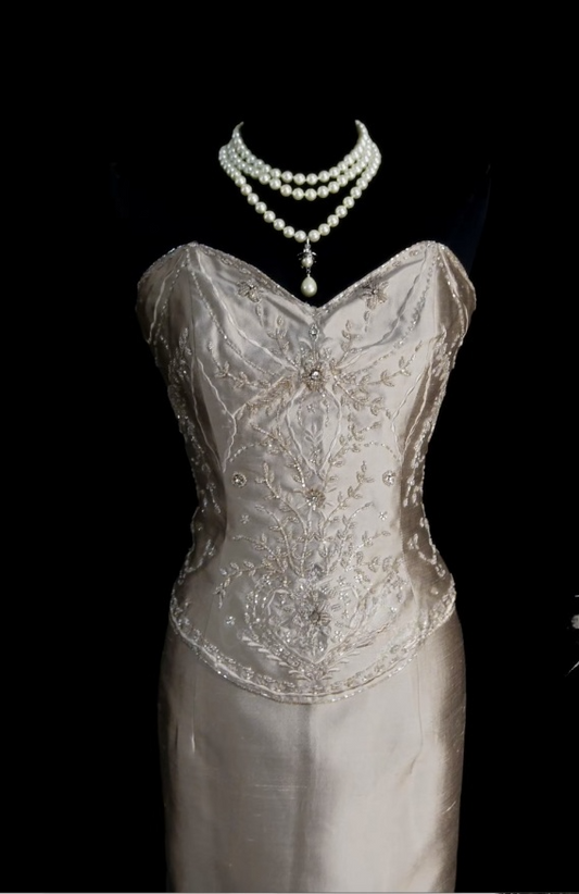 Gorgeous Champagne Prom Dress Sweetheart Sheath Long Evening Dress Satin Beaded Formal Dress DP05049