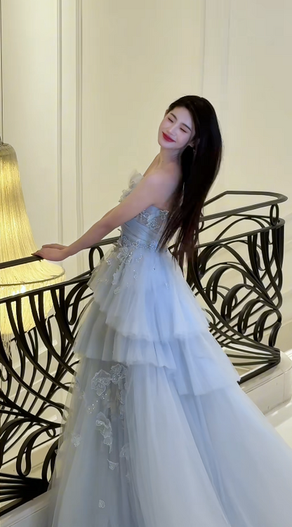 Gorgeous Blue Prom Dress Sweetheart A-Line Long Evening Dress Tulle Applique Formal Dress DP05050