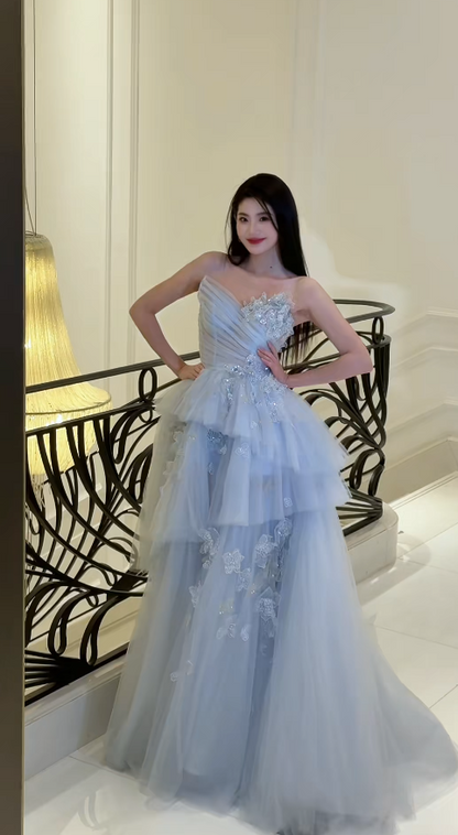 Gorgeous Blue Prom Dress Sweetheart A-Line Long Evening Dress Tulle Applique Formal Dress DP05050