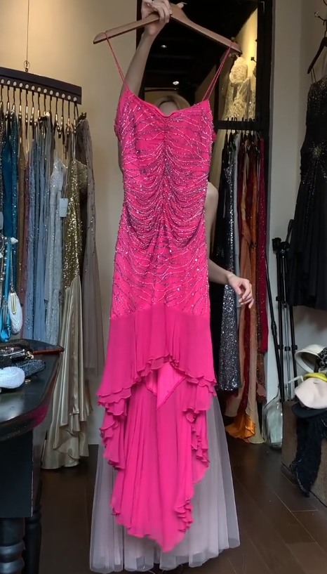 Gorgeous Hot Pink Prom Dress Spaghetti Straps Sheath Evening Dress Chiffon Beaded Formal Dress DP05051