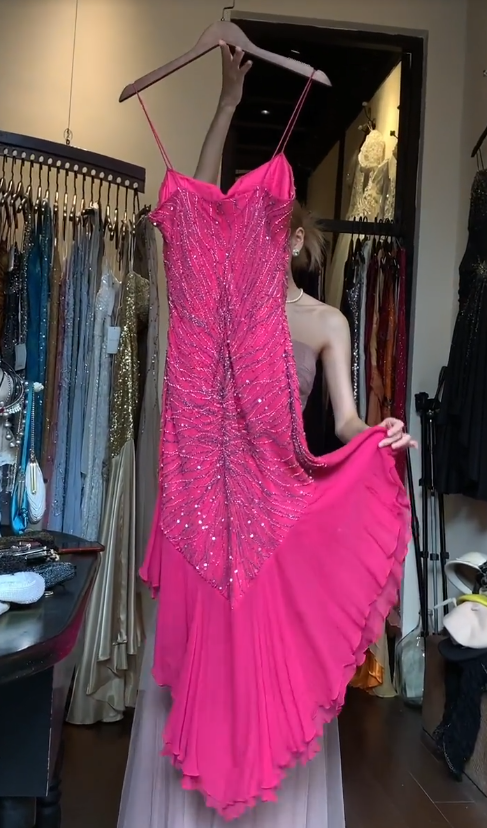 Gorgeous Hot Pink Prom Dress Spaghetti Straps Sheath Evening Dress Chiffon Beaded Formal Dress DP05051