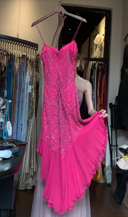 Gorgeous Hot Pink Prom Dress Spaghetti Straps Sheath Evening Dress Chiffon Beaded Formal Dress DP05051