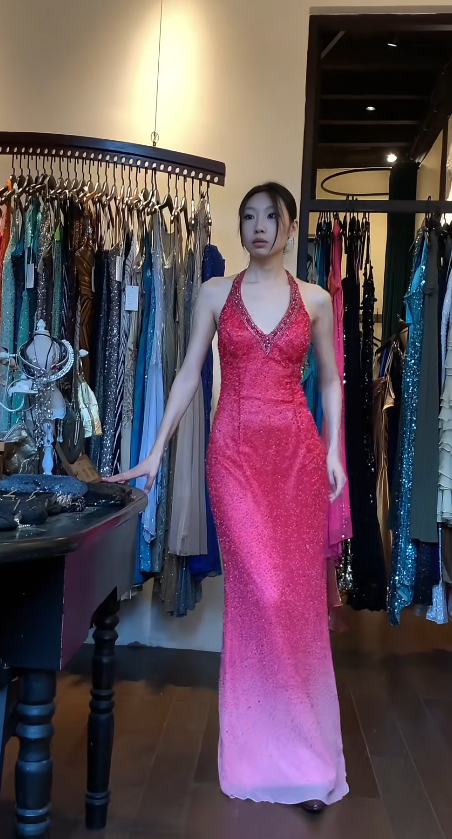 Gorgeous Hot Pink Prom Dress Halter Sheath Evening Dress Chiffon Beaded Formal Dress DP05052