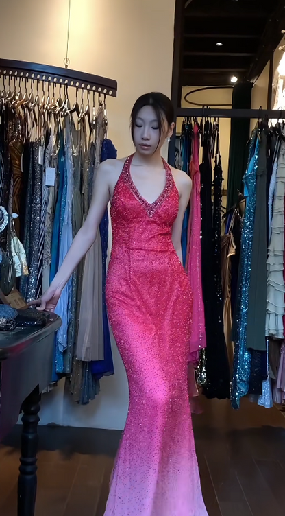 Gorgeous Hot Pink Prom Dress Halter Sheath Evening Dress Chiffon Beaded Formal Dress DP05052