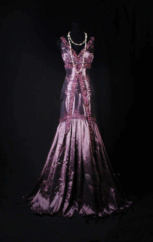 Vintage Grape Prom Dress V-Neck Sheath Evening Dress Satin Beaded Formal Dress DP05056