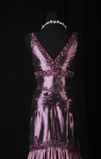 Vintage Grape Prom Dress V-Neck Sheath Evening Dress Satin Beaded Formal Dress DP05056