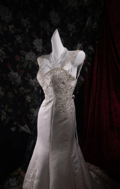 Vintage White Prom Dress Straps Mermaid Evening Dress Satin Beaded Formal Dress DP05057